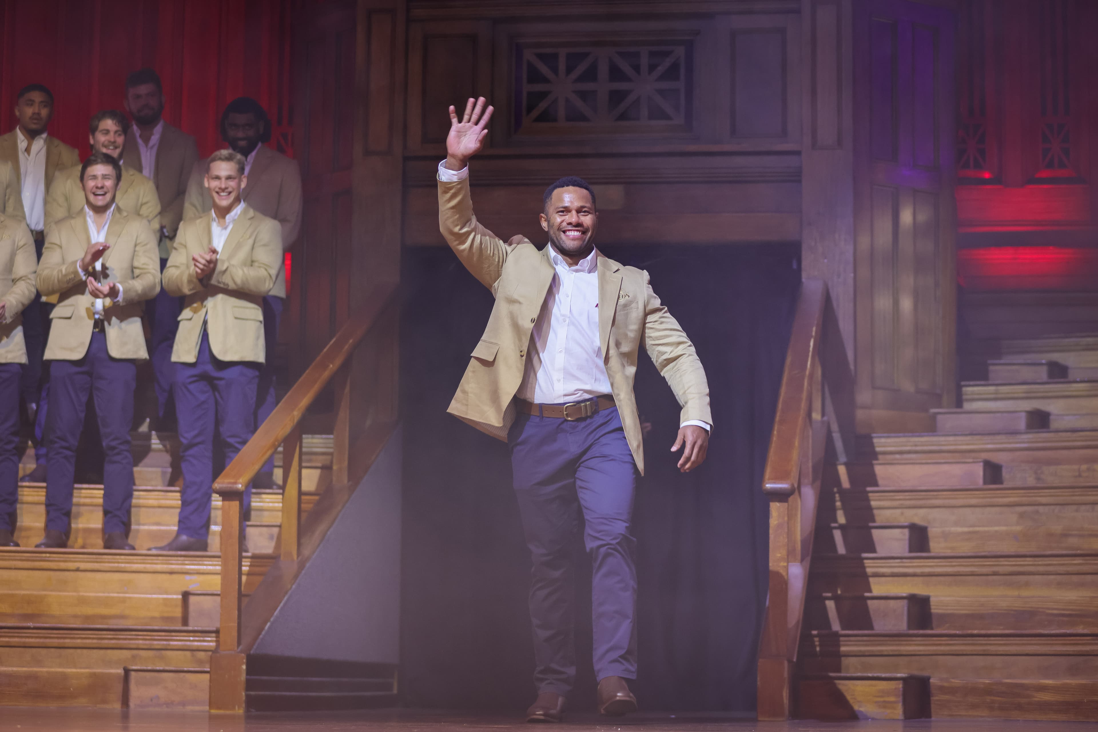 Winger Filipo Daugunu making a grand entrance at the Queensland Reds Season Launch Long Lunch